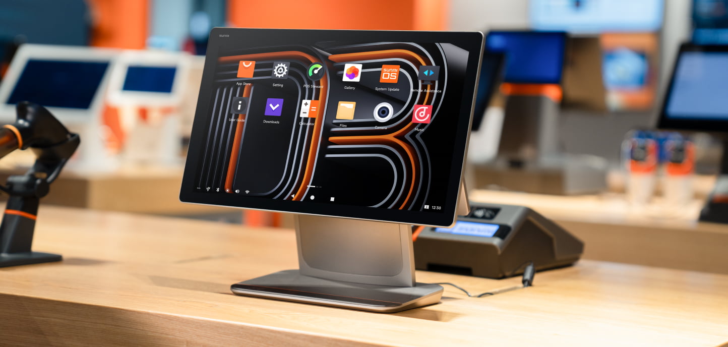 Sunmi D3 Pro slim aluminium-body desktop POS running SUNMI OS 4.0 on a wooden counter