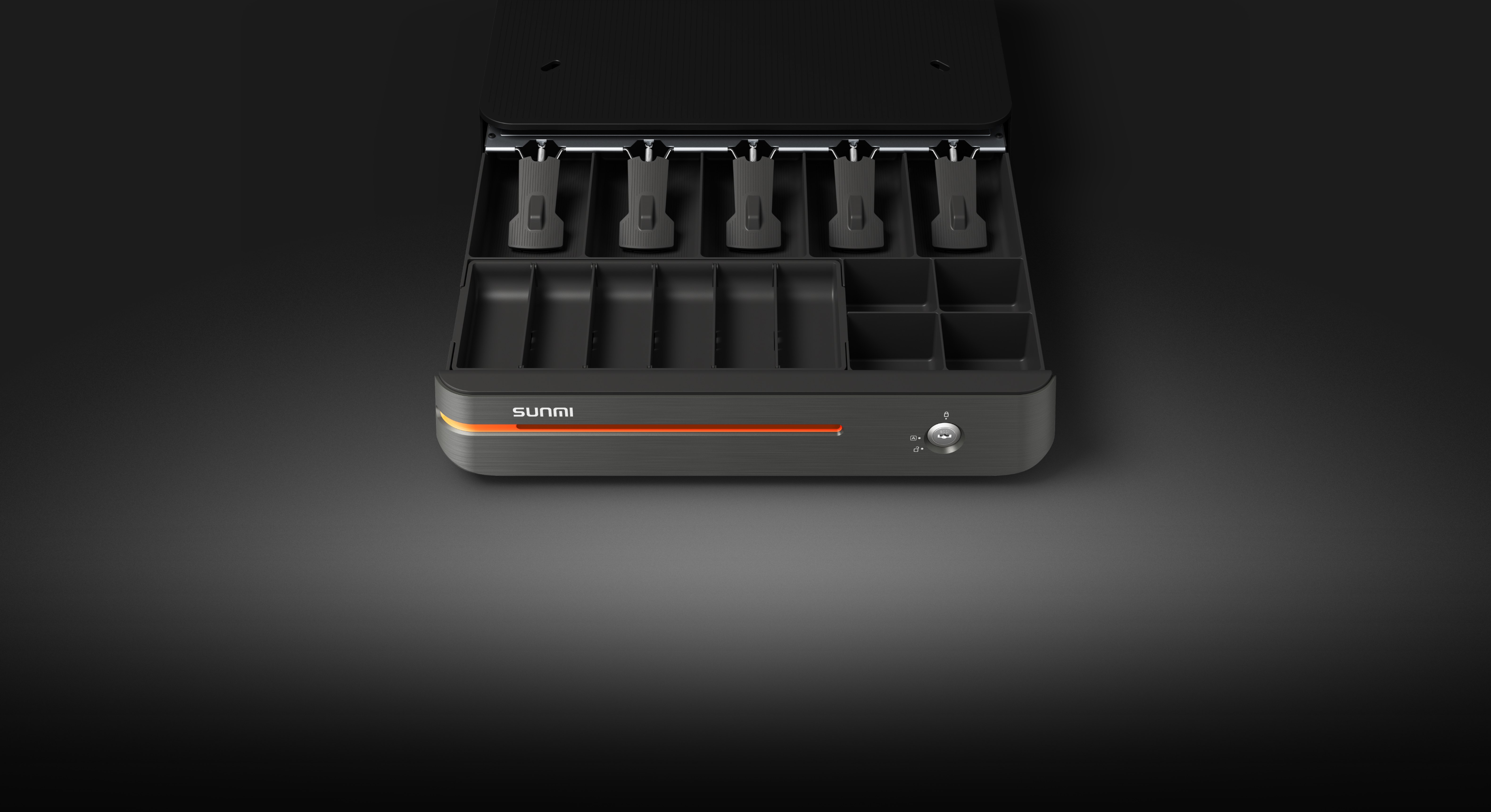 Sunmi Max Cash Drawer open showing five bill trays and coin trays