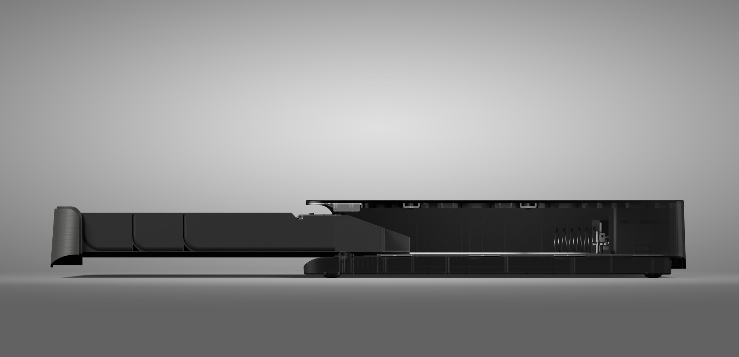 Sunmi Max Cash Drawer side cutaway showing internal rails and sprung-return mechanism